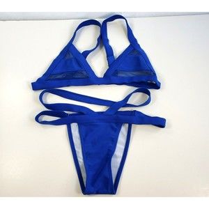 Beautiful Sexy Y2K Vibe Royal Blue Bikini Size Small Mesh Top High Waisted Strap